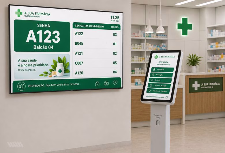 Atendimento numa farmácia com sistema de gestão de filas Way2Queue e ecrã de chamada de senhas