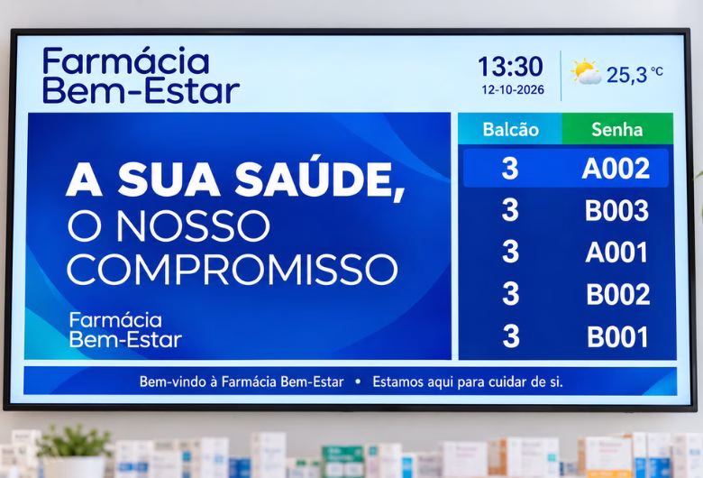 Ecrã de chamada de senhas numa farmácia, com número da senha, balcão e conteúdos promocionais