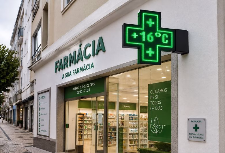 Montra digital com ecrã LED de alto brilho na fachada de uma farmácia