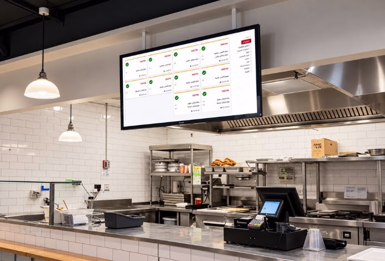 Ecrã de cozinha Way2Queue Flow com pedidos em preparação