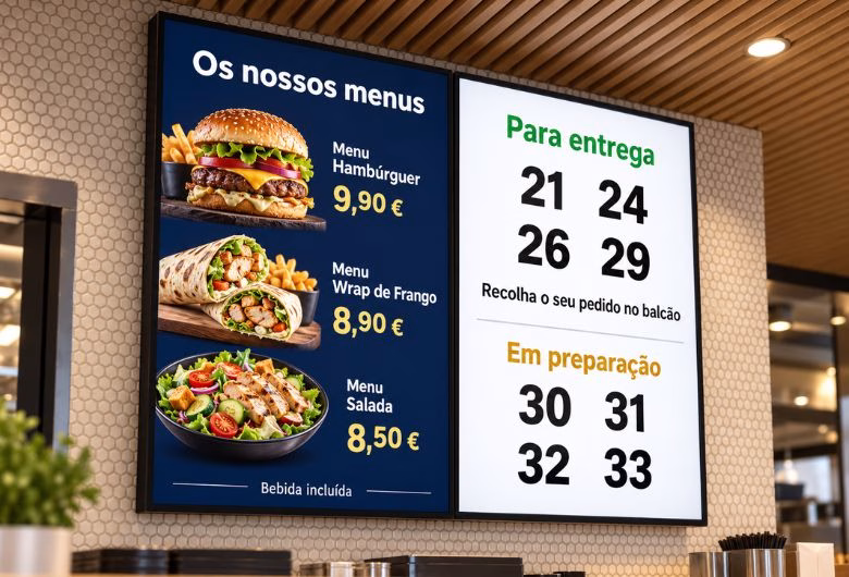 Menu board digital com menus, preços e estado dos pedidos