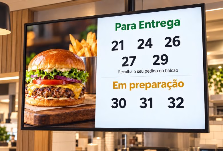 Ecrã de pedidos com números em preparação e para entrega