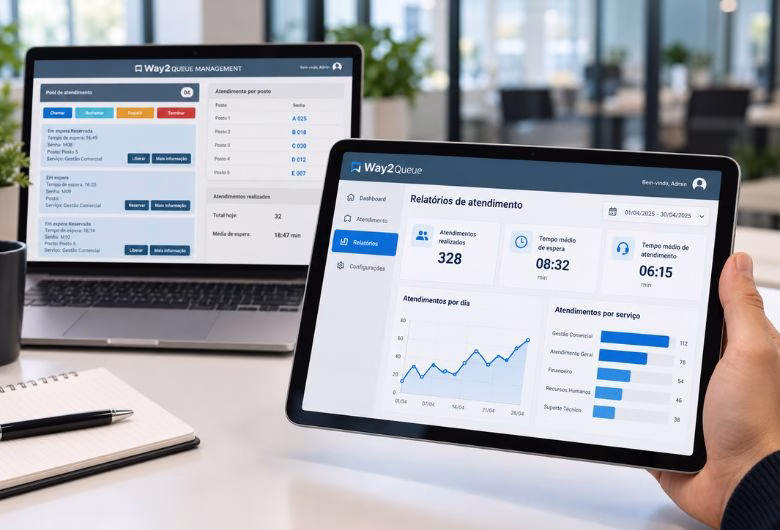 Plataforma de atendimento Way2Queue com dashboards no portátil e no tablet